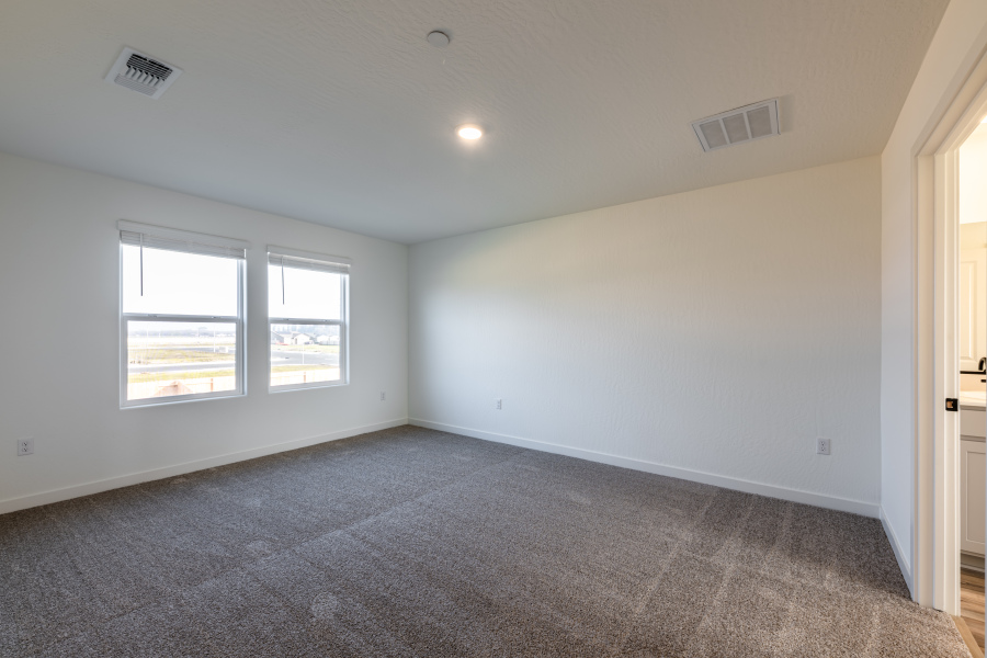 A room with a carpet and windows.