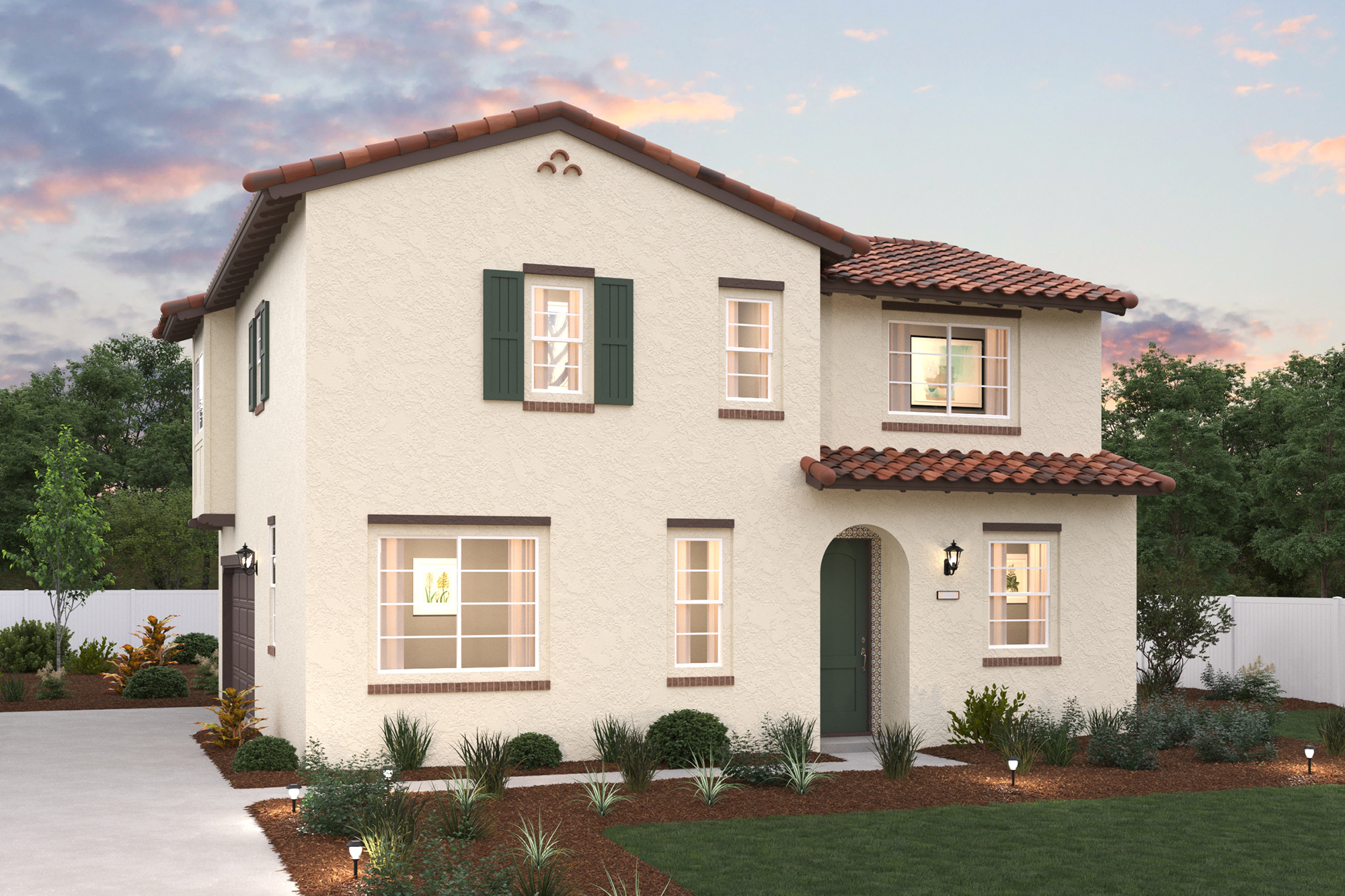 A white house with green trim.