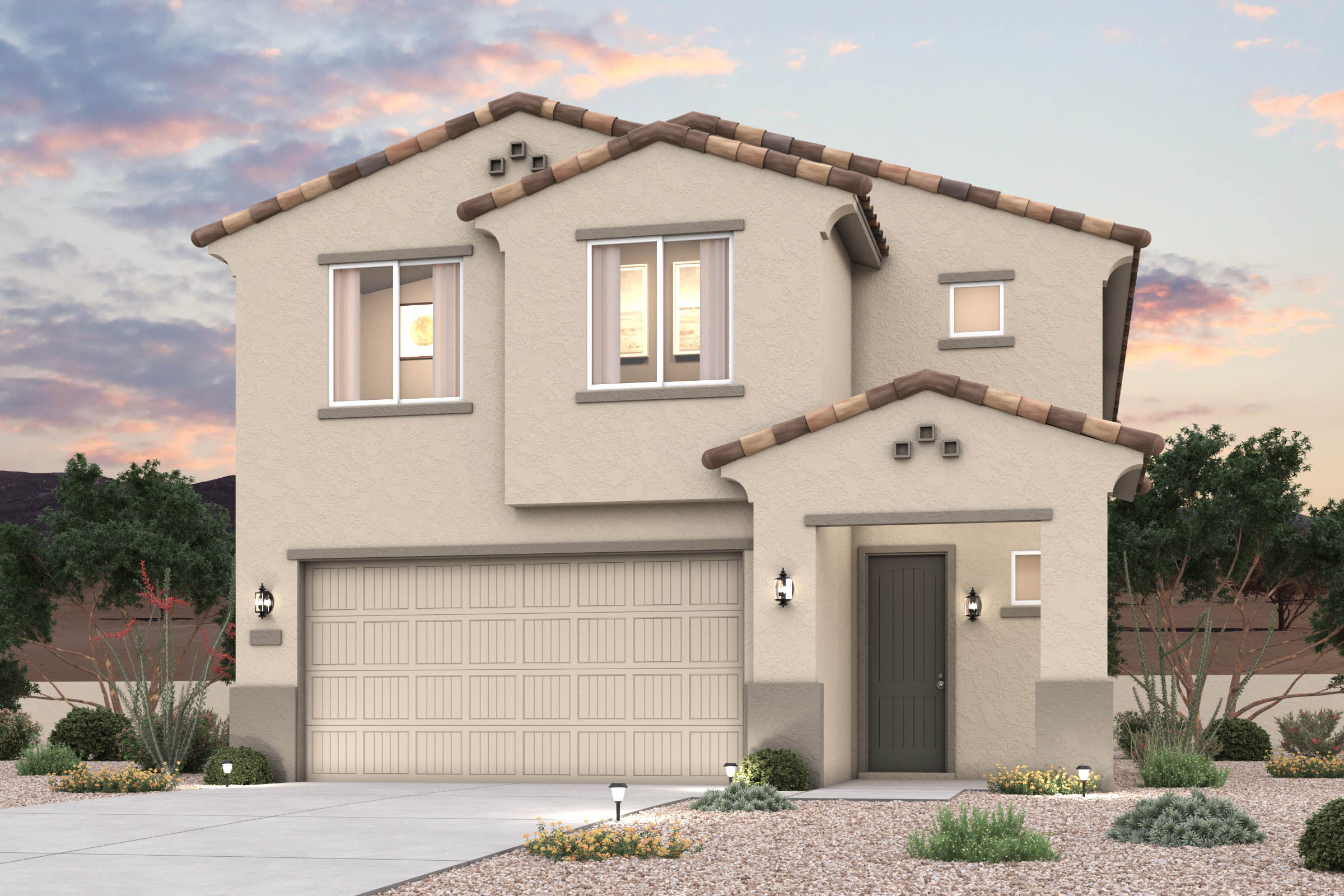Rendering of front of new home for sale in San Tan Valley, AZ at Skyline Village the Highlands Collection by Century Communities with 2 car garage.