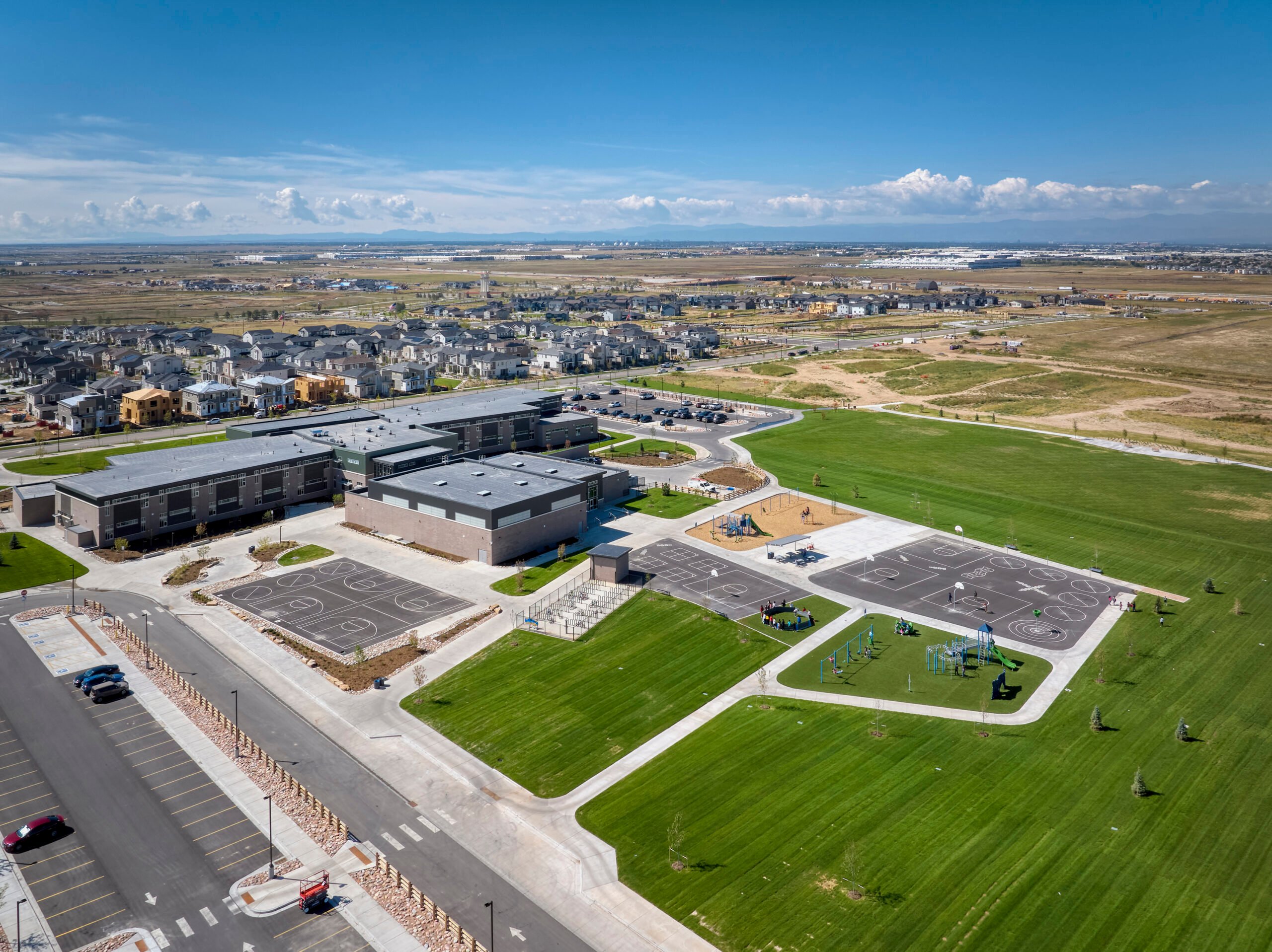 An aerial view of a large building.