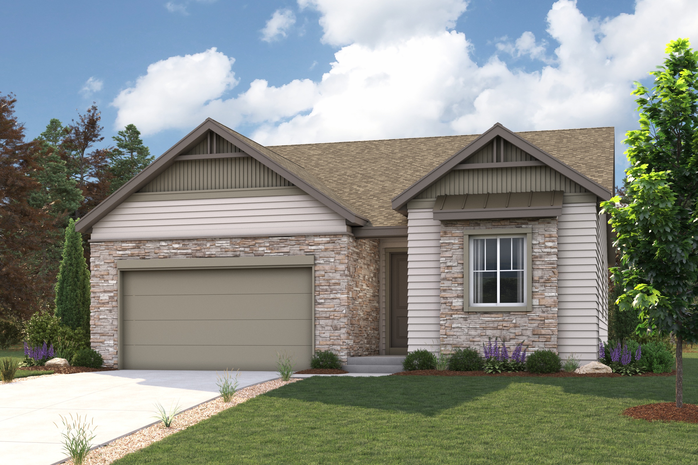 A house with a garage. Acadia Rendering Image Elevation A