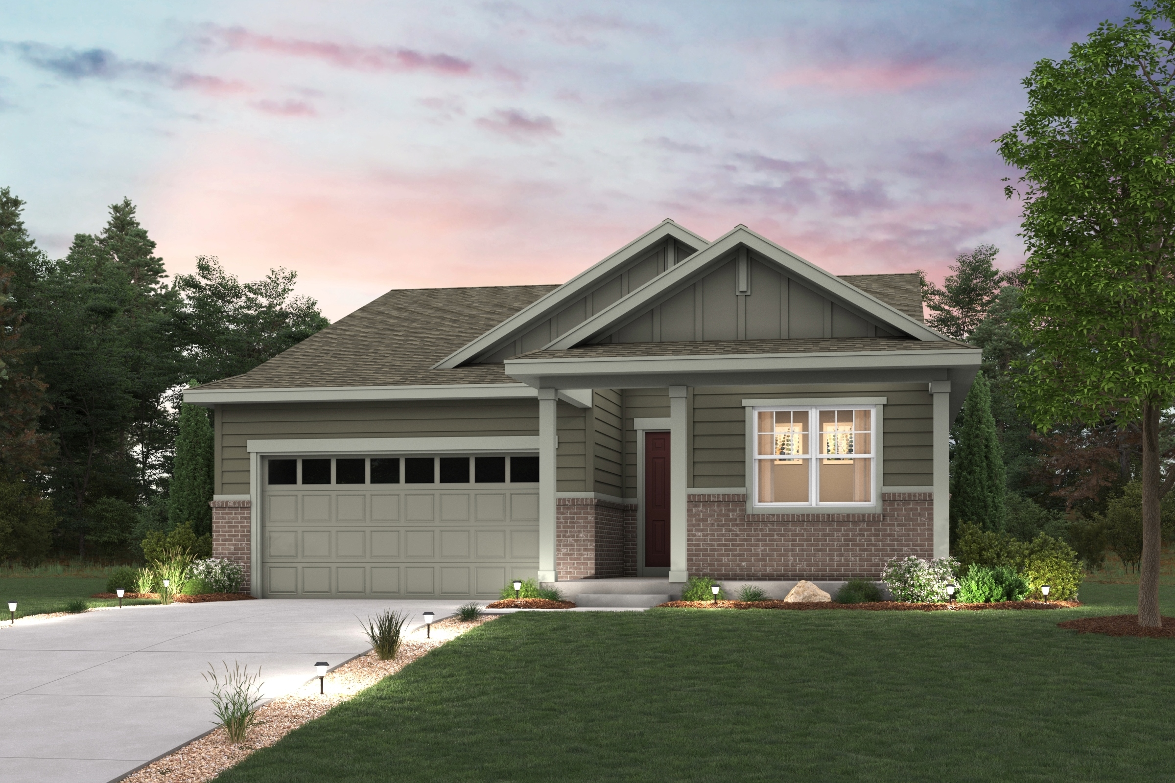 A house with a driveway and a lawn with trees and a cloudy sky. Elevation C Rendering with landscaping 