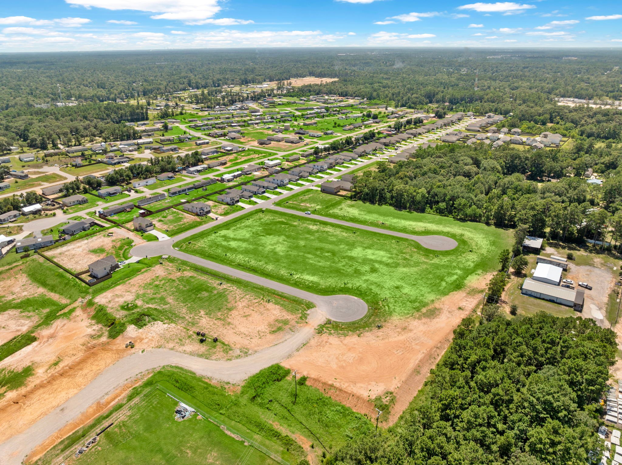 A landscape with trees and buildings.