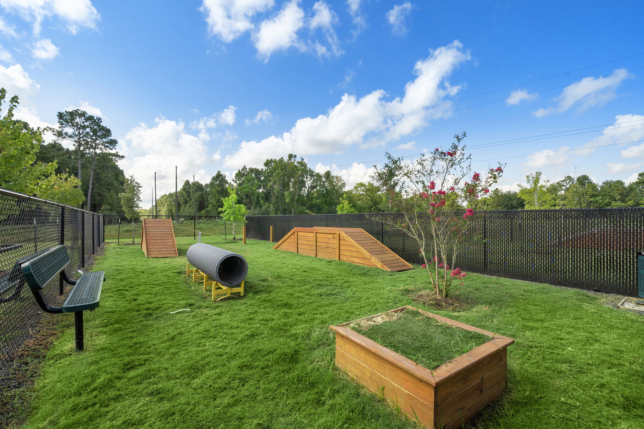 A backyard with a fence and a tree with a flower box.