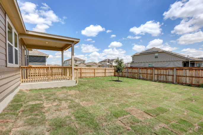 A backyard with a fence and a tree.