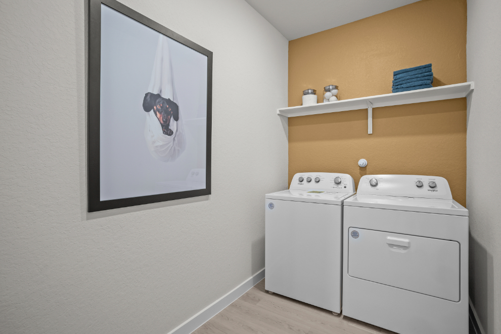 A room with a shelf and a washer and dryer.