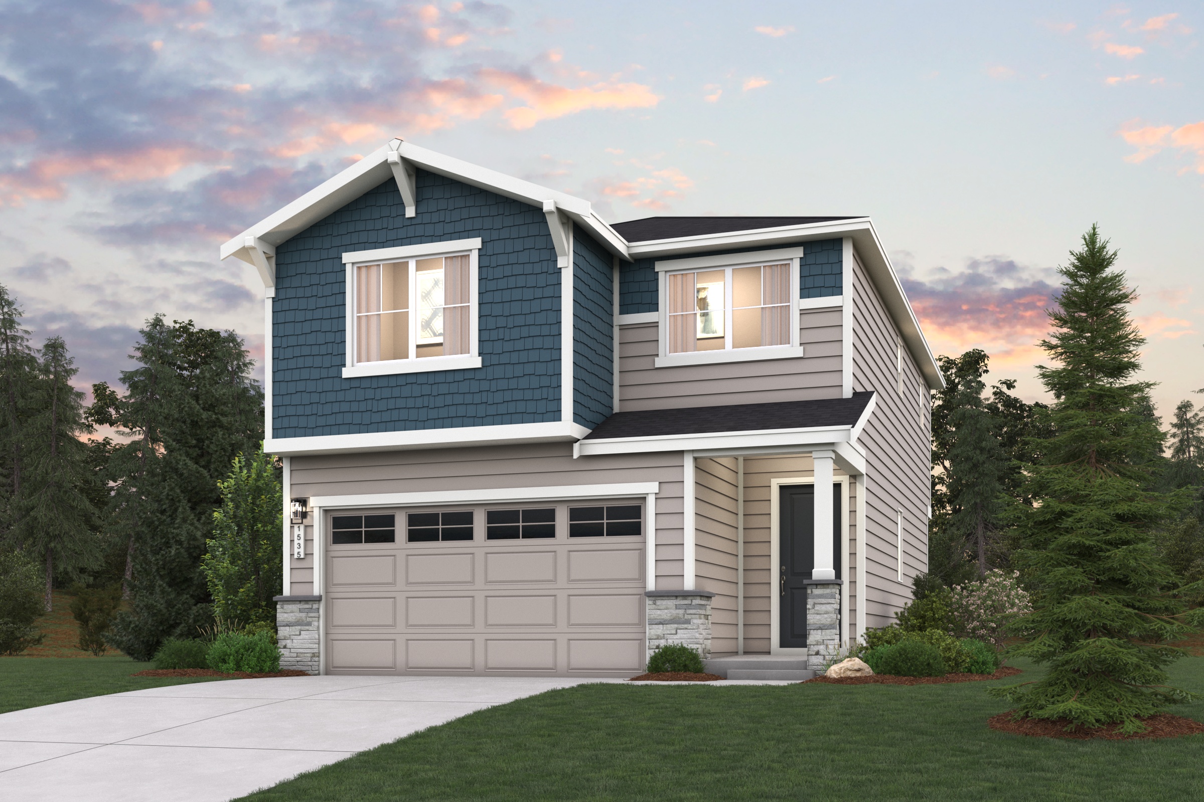 A house with a garage and trees in the back.