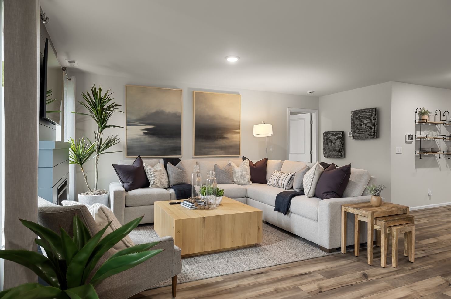 A living room with a couch and coffee table.