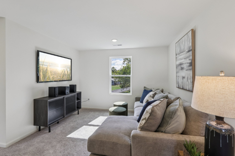 A living room with a couch and a tv.