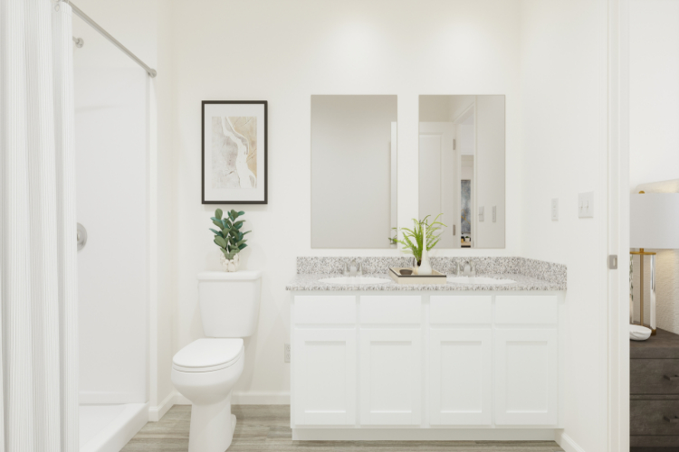 A bathroom with a sink toilet and a plant.